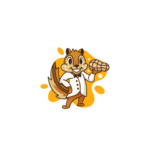 Squirrel mascot in tuxedo holding a nut