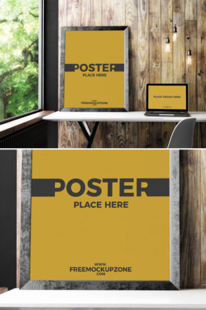 Free Laptop With Poster Frame Mockup